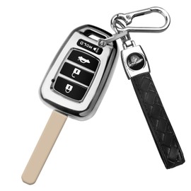 MILD EAST for Honda Key Fob Cover with Key Chain, 4-Button Soft TPU Key Case Shell Full Protection for Sports Accord Civic CR-V HR-V LX, Silver
