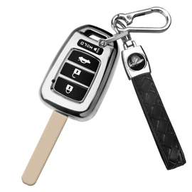 MILD EAST for Honda Key Fob Cover with Key Chain, 4-Button Soft TPU Key Case Shell Full Protection for Sports Accord Civic CR-V HR-V LX, Silver