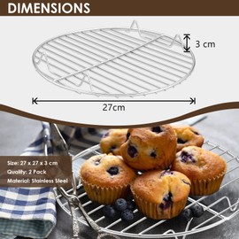 Cooling Rack Set of 2, Herogo Stainless Steel Round Wire Oven Racks for Cooling Baking Cooking Steaming, Rustproof & Smooth Edge, Oven & Dishwasher Safe, Metal Silver (27cm)