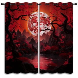 LHROOMJK Japanese Blackout Curtains for Boys Girl Bedroom Home Decor,Asian Anime Red Plum Red Moon Landscape Painting Thermal Insulated Grommet Darkening Living Room Window Drapes, 55 x 63 inch