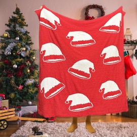 Red Christmas Hat Throw Blanket, Soft Warm Cozy Reversible Santa Claus Christmas Blanket Fuzzy Fleece Holiday Blanket Gift for Kids Girls Adults Blankets for Sofa Bed Couch Decor, 51x63 inches