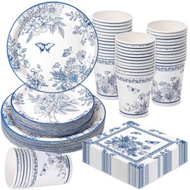 Pickmesh 250 Pcs Blue Floral Party Disposable Tableware Set Paper Plates and Napkins Cups Supplies Tea Party Theme Dinner Dinnerware for Birthday Bridal Baby Shower wedding Decoration Serves 50