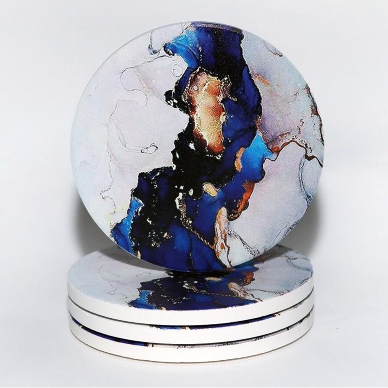 Set of 4 Ceramic Drink Coasters Blue White Gold Marble