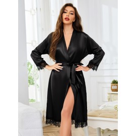 Lovasy Silk Dressing Gown for Women UK Long Lace Trim Satin Robe Summer Ladies Kimono Morning Dressing Gowns Lightweight Bride Bridesmaid Silk Robe Wedding Party Sleepwear,Black,L