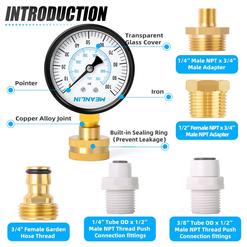 MEANLIN MEASURE 0~100Psi 3/4" Female Water Pressure kit Plus 5