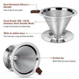 Pour Over Coffee Filter, LOOFORE Stainless Steel Coffee Filter, Paperless and Reusable, Upgraded Double Micro Mesh Filter with Spoon and Silicone Tray, Cleaning Brush (1-2 Cup)
