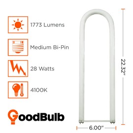 28 Watt 6 Inch T8 Fluorescent U-Bend Light Bulb | 4100K Cool White Medium Bi-Pin Base | High Output 1773 Lumens | 28W 10000 Life Hours 80 CRI | 10 Pack by GoodBulb