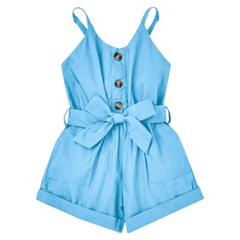 ODIMAME - Mameluco corto de verano para niña, cuello en V, tirantes delgados, bolsillos laterales, trajes de 5 a 14 años, Azul, 13-14 Años