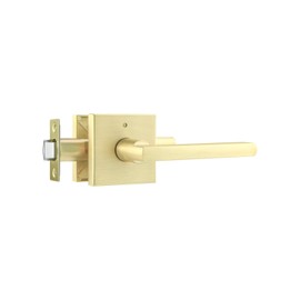 Leydebong 1 Pack Gold Door Handles, Keyless Privacy Door Levers Bed and Bath Leverset Lockset, Universal Handing with Square Door Knobs, Satin Brass Finish