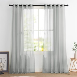 PONY DANCE Light Grey Voile Curtains 66 x 90 Inches, Extra Long Semi Transparent Window Net Curtains Eyelet Top Lightweight Sheer Panels for Bedroom/Patio Door/Living Room, Set of 2