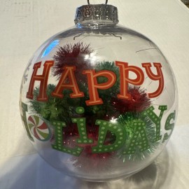 Merry And Bright New Happy Holidays Plastic Ball Sphere Filled With Red & Green Balls Large 6 In