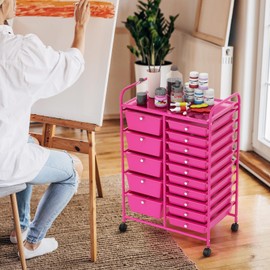 COSTWAY 15-Drawer Rolling Storage Cart, Mobile Utility Cart with Heavy-duty Frame & Lockable Wheels, Multipurpose Storage Organizer for Tools, Paper, Office, School, Hot Pink