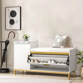 VECELO Entryway Shoe Bench with Storage, 2-Tier Shoe Rack Organizer with Flip Drawers, Removable Seat Cushion for Hallway, 13.8" D x 47.2" W x 27" H, White