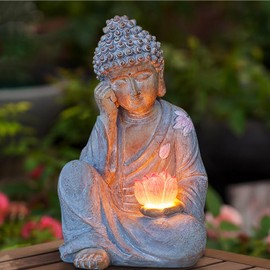 Thumok Buddha Statue Outdoor with Lotus Flower Light, IP65 Waterproof Solar Statue Lights, Outdoor Statues for Garden, Zen Decor for Garden, Home, Patio, Lawn