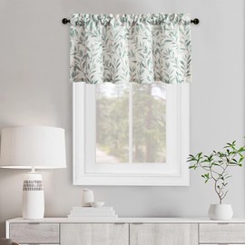 VOGOL Linen Textured Kitchen Valances, 52 x 14 Inches Country Style Short Curtains for Living Room Windows, 1 Panel Willow Leaf Pattern Privacy Curtain for Farmhouse, Blue