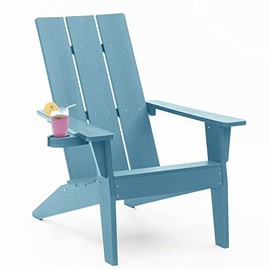 MXIMU Oversize Modern Adirondack Chair with Cup Holder Weather Resistant Plastic Fire Pit Chairs Adorondic Plastic Outdoor Chairs for Firepit Area Seating (Blue)
