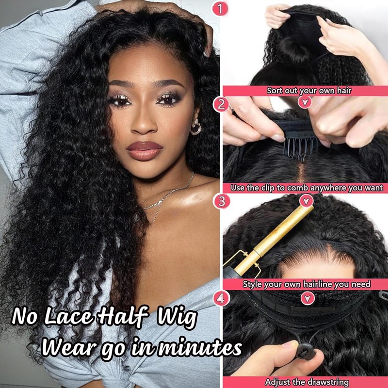 XSY Half Wig Human Hair Deep Wave 180% Density Wear