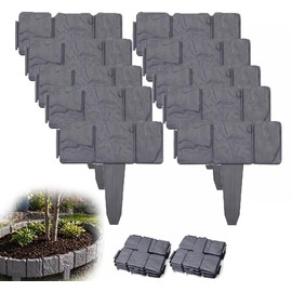 Faux Stone Garden Fence, Grey, Plastic Interlocking Decorative Frame for Flower Beds, Lawn, Trails, Set of 10 (10, Slate Gray)
