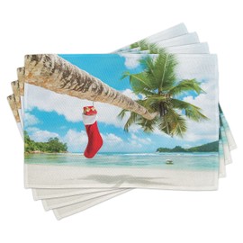 ABAKUHAUS Christmas Place Mats, Beach Christmas Stockings, Washable Fabric Dining Room Kitchen Table Decoration Digital Print, Light Blue Green