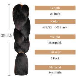 BNG Braiding Hair, 25" Jumbo Synthetic Crochet Braids 100% Kanekalon Hair Extensions, Pack of 5 Weave Bundles Human Hair, Professional ltch Free Hot Water Setting Twist Hair(Color #1B/33)