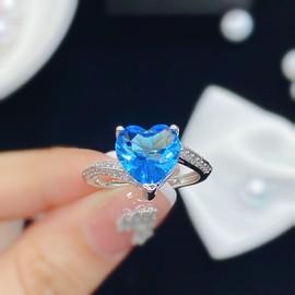 925 Sterling Silver Topaz Topaz Heart-Shaped Open Ring Adjustable Love Heart Set Small Zircon Wedding Engagement Ring(Marine Blue)