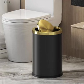 LEASYLIFE 9L/2.4GAL Black Bathroom Trash Can,Gold Small Trash Can with Lid,Garbage cans for Bathroom, Hotel,Office,Lundry,Powder Room (ＢＬＡＣＫ)
