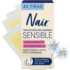 Nair Tiras de Cera Fría Corporal Sensible 40 piezas. Marca Probada por Dermatólogos con Extracto de Manzanilla, Piel Suave y Tersa hasta por 4 Semanas