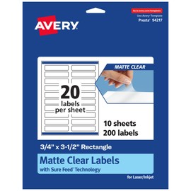 Avery Matte Clear Rectangle Labels, Sure Feed Technology, 0.75" x 3.5", 200 Matte Clear Labels, Print-To-The-Edge, Laser/Inkjet Printable