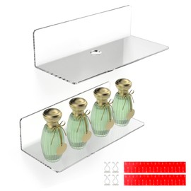 efuturetime® 2PCS Wandregal Transparent Acryl, 23 * 9.5cm, Schwimmende Wandregale, Schweberegal Ohne Bohren mit 4 Kabelclips, Displayregal Wand, Mini Regal für Büro, Bad, Küche, Schlafzimmer