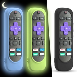 Silicone Remote Case for Roku TV Remote,Silicone Case Cover Compatible with Most Roku Voice Remote,Shockproof Washable Roku Rmote Cover with Lanyard (Luminous Green+Glowblue+Black)