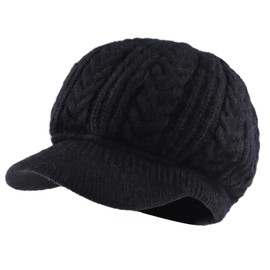 PESAAT Winter Women Knitted Hat Warm Lined Beret Hats Woman Solid Color Visor Hats (Black-2)