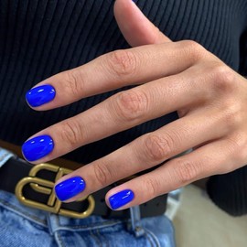 Royal Blue Short Square Press on Nails SWEKKE Fake Nails Solid Color Full Cover False Nails with Designs Blue Glossy False Nails with Nail Glue Artificial Acrylic Nails for Women Girls 24 Pcs