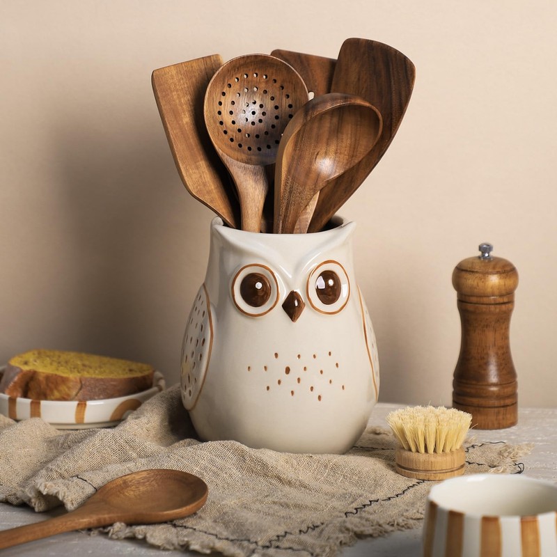 SOCOSY Owl Ceramic Kitchen Utensil Holder For Countertop, Cooking Utensil