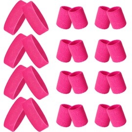 24 Pieces 80s Neon Sweatbands Set, Include 8 Sports Headbands and 16 Sweat Wristbands Elastic Athletic Tennis Sweat Bands Bulk for Man Woman(Rose Red)