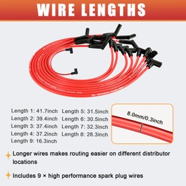 RLP Silicone Spark Plug Wires Set 8.0mm Red Replacement for SBF Small Block Ford Valve Cover Wires 221 255 260 289 302 351W Fits HEI Distributor Caps with Coil Wire