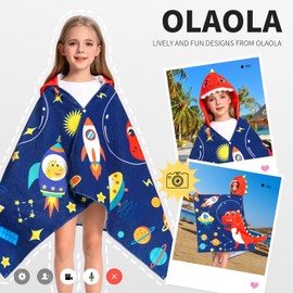 OLAOLA Kids Hooded Bath Towels, Soft Absorbent Beach Towel Swimming Wrap, Changing Robe Bath Poncho for Boys Girls 3-12 Years, Space Dinosaur