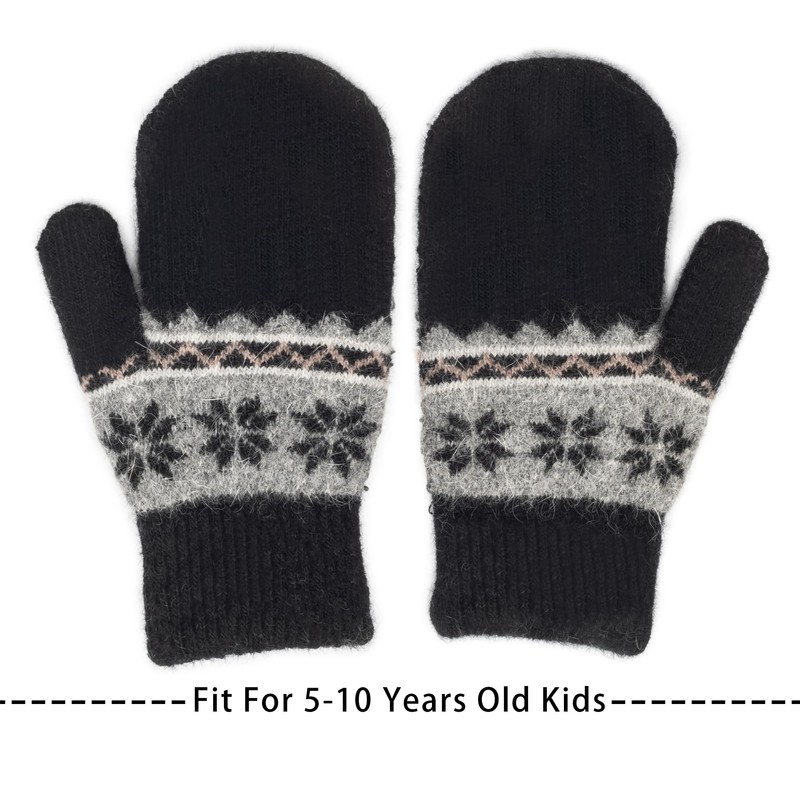 Kids Winter Soft Warm-Knit-Mittens, Boys-Girls Snowflake-Print Warmly Double-Layer Snow-Mittens Ski-Gloves