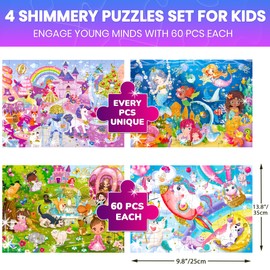 QUOKKA Jigsaw Puzzles For 3 4 Year Olds - 4x60 Jigsaws for Children Age 5 6 7 - Kids Puzzles For Learning Princess Mermaids - Unicorn Gift Toy for Boys & Girls 5-8 yo