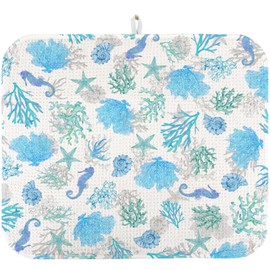 Dish Drying Mat for Kitchen Counter 16x18 Inch, Super Absorbent Dish Drainer Mat, Decorative Microfiber Dishes Drying Pad-Small(Marine Life)