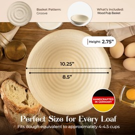 Wood Pulp Banneton Bread Proofing Basket – 11" Round 2.2LB Brotform, Grooved Pattern – Non-Stick Natural Wood Pulp Pressed for Durability – Made in Germany Proofing Baskets for Sourdough Bread Baking
