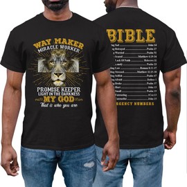 Christian Way Maker Miracle Worker Promise Keeper T-Shirt - Bible Emergency Numbers - Lion Tshirt - Religious Verse Shirt (Black, M)