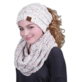 Funky Junque Messy Bun Beanie Tail Matching Scarf Bundle Set - Ivory (Confetti)