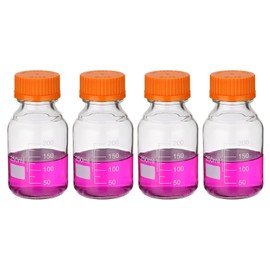 PATIKIL 4 Pack Reagent Media Storage Bottles, 250ml Borosilicate Glass Graduated Round Bottles with Orange GL32 Screw Cap for Lab Water Reagent Liquids, Clear
