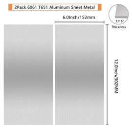 2Pack 6061 T651 Aluminum Sheet Metal 6" x 12" x 1/16"(0.06”) Flat Plain Thin Aluminum Plate Covered with Protective Film, 1.5mm Heat Treatable Rectangle Aluminum Metal Plate for Crafting, lndustry