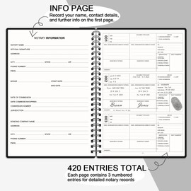 CalenDream Notary Journal Log Book, 7"x10", spiral bound Notary Journal, Flexible Cover, Notary Supplies, 100gsm Thick Paper, Black