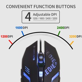 IULONEE Wired Gaming Mouse USB Silent Click Komfortabel Gamer-Mäuse mit Hintergrundbeleuchtung Ergonomische Maus in voller Größe 3200 DPI für PC Computer Laptop Desktop (Schwarz)
