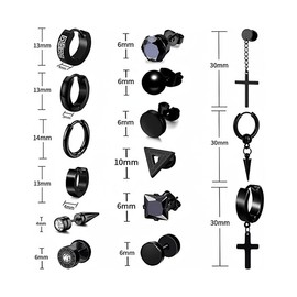 Aokesy Juego de 15 Pares de Aretes para Hombre，Kit de Pendientes Negros de Inoxidable para Unisex, Piercing de moda con Forma de Cruz Juego de Aretes de Aro Colgantes Para Hombres y Mujeres