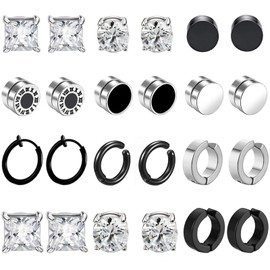 12 Pairs Magnetic Earrings Men Women Stainless Steel Fake Earrings Hoop Earrings CZ Magnet Non-Penetrating Clip Magnetic Stud Earrings Without Ear Clip Earrings Non Piercing Earrings Set Black Silver,