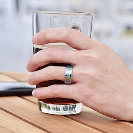 VAKKI 8mm Silver Tungsten Ring for Men Celtic Knot Wedding Rings Inlaid with Blue Opal Paper Beveled Edges Size V1/2