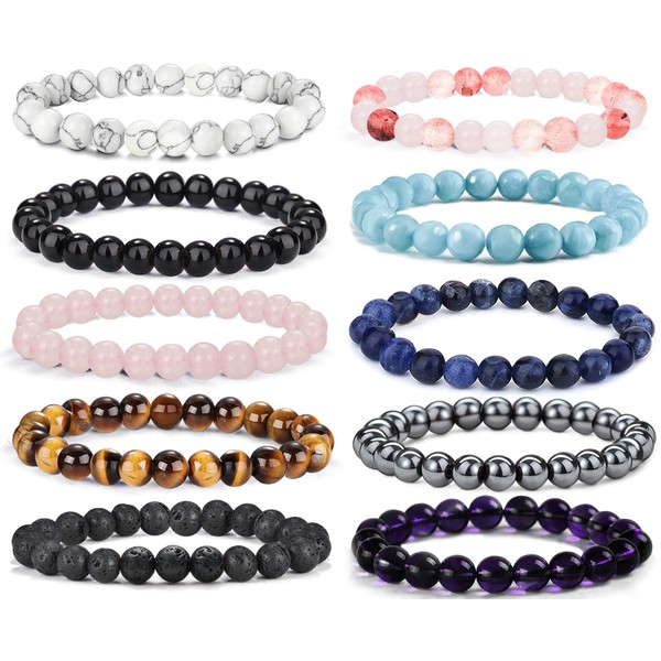 EIELO 10 Pcs Natural Gemstone Beaded Bracelets for Women Men